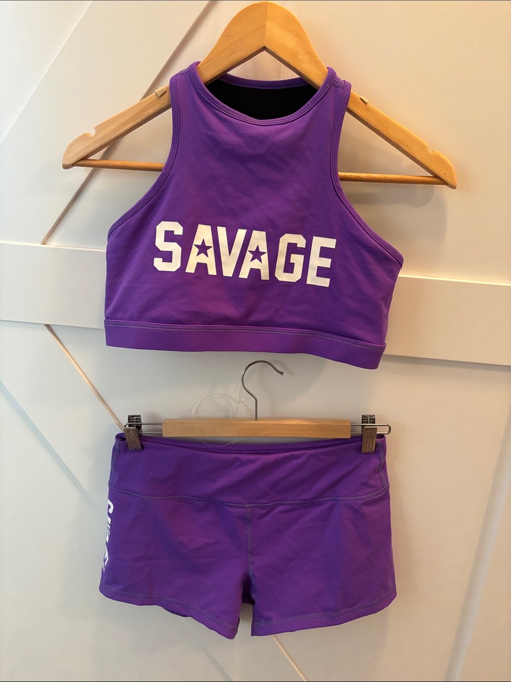 Purple 'SAVAGE' barbell Athletic Crop Top and Shorts Set, size L